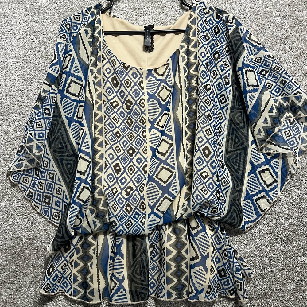 Behave Woman’s Blue Beige Abstract sheer Lined Top Y2K Size Medium